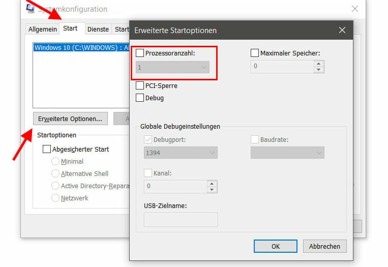 Prozessoranzahl einstellen für Start
