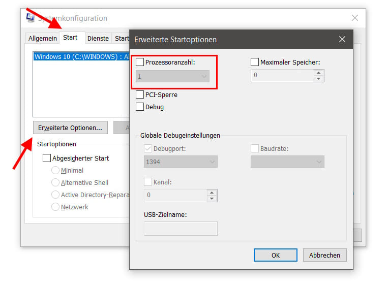 Prozessoranzahl einstellen für Start