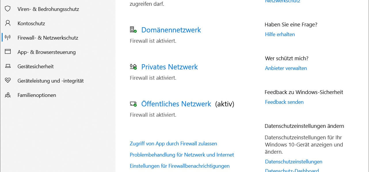 Screenshot Windows Firewall Einstellungen