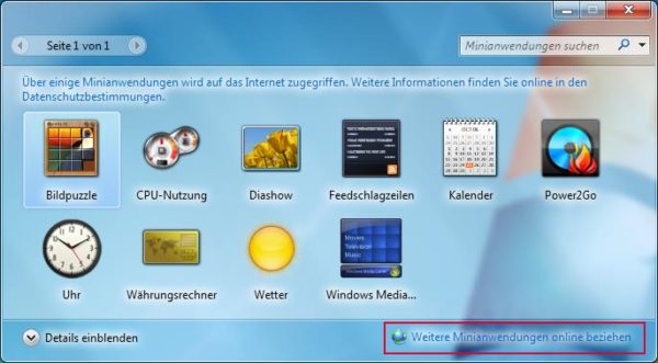 Windows 7 Minianwendungen bzw. Gadgets auf dem Desktop