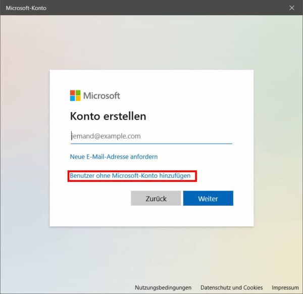 Benutzer ohne Microsoft-Konto hinzufügen