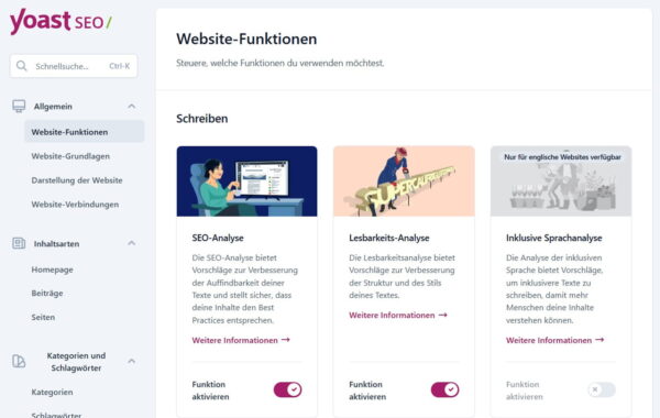 Übersicht der Yoast SEO Plugin Einstellungen für SEO- und Lesbarkeitsanalyse