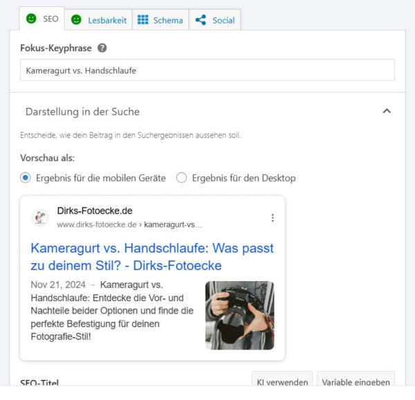 Yoast SEO Plugin: Vorschau und Einstellungen zur Optimierung eines Beitrags