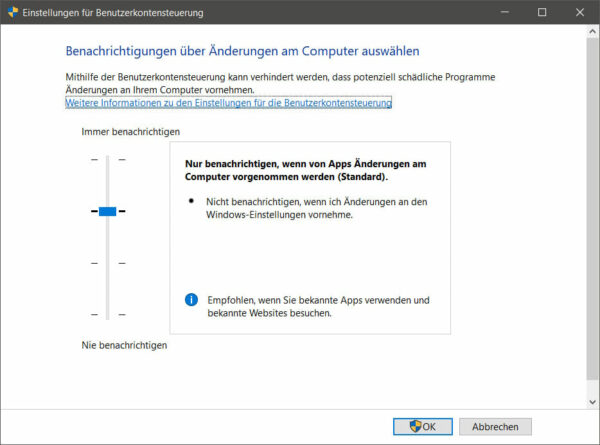 Screenshot Einstellungen der Benutzerkontensteuerung ändern