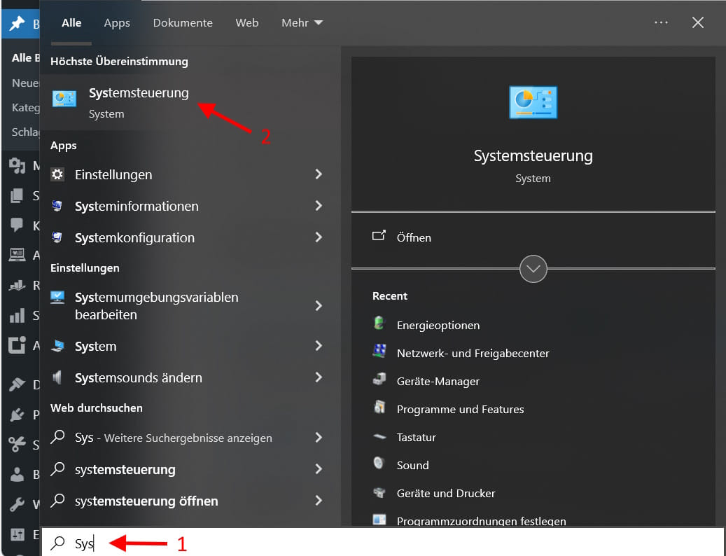 systemsteuerung oeffnen suche