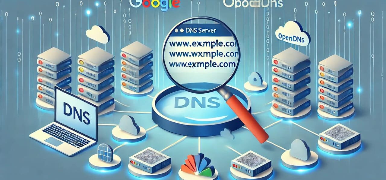 Computerbildschirm zeigt Netzwerkeinstellungen zur Änderung der DNS-Serveradressen, mit Symbolen von Google DNS, Cloudflare und OpenDNS im Hintergrund.