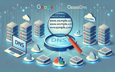 Computerbildschirm zeigt Netzwerkeinstellungen zur Änderung der DNS-Serveradressen, mit Symbolen von Google DNS, Cloudflare und OpenDNS im Hintergrund.