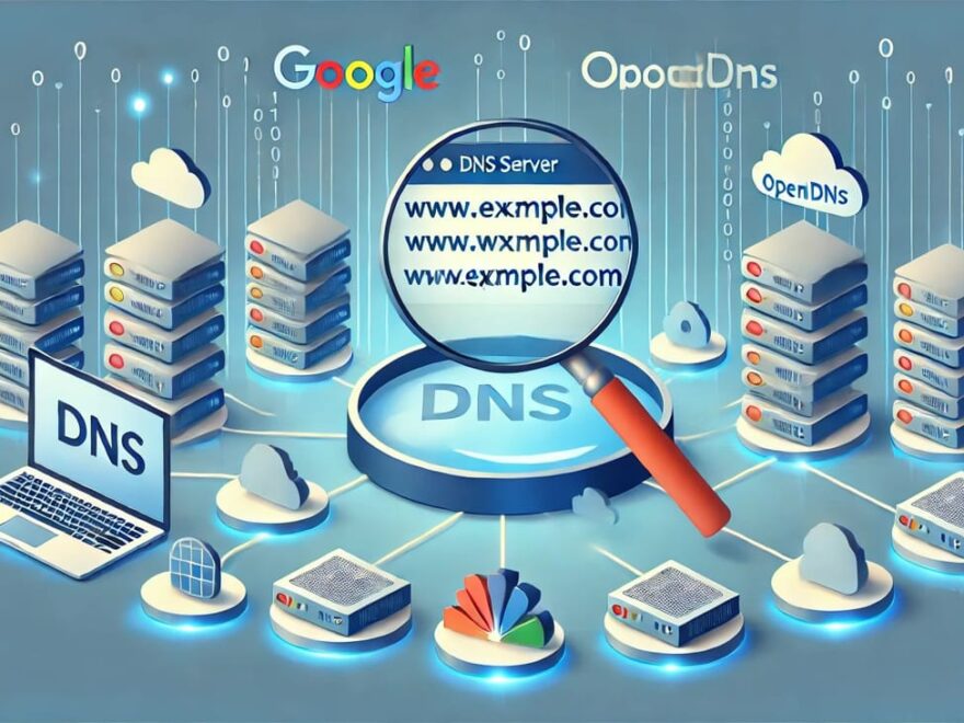 Computerbildschirm zeigt Netzwerkeinstellungen zur Änderung der DNS-Serveradressen, mit Symbolen von Google DNS, Cloudflare und OpenDNS im Hintergrund.