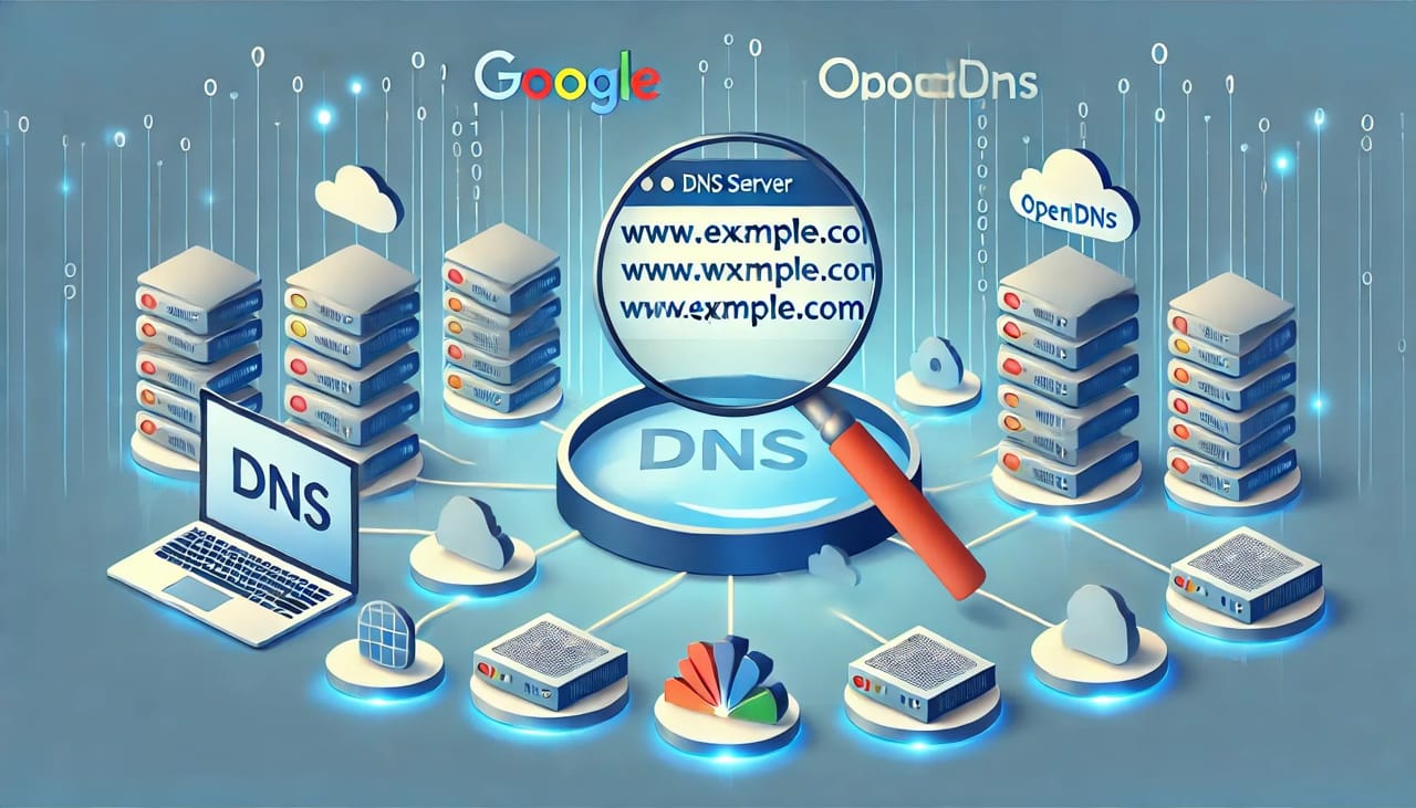 Computerbildschirm zeigt Netzwerkeinstellungen zur Änderung der DNS-Serveradressen, mit Symbolen von Google DNS, Cloudflare und OpenDNS im Hintergrund.