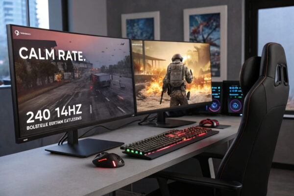 Monitore mit verschiedenen Hz-Werten, angepasst an Gaming-Genres: Simulation mit 60 Hz, Shooter mit 144 Hz, E-Sport mit 240 Hz.