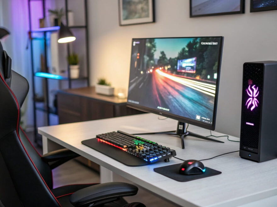 Gaming-Setup mit Monitor, der 144 Hz Bildwiederholfrequenz anzeigt, perfekt für flüssiges Spielerlebnis.