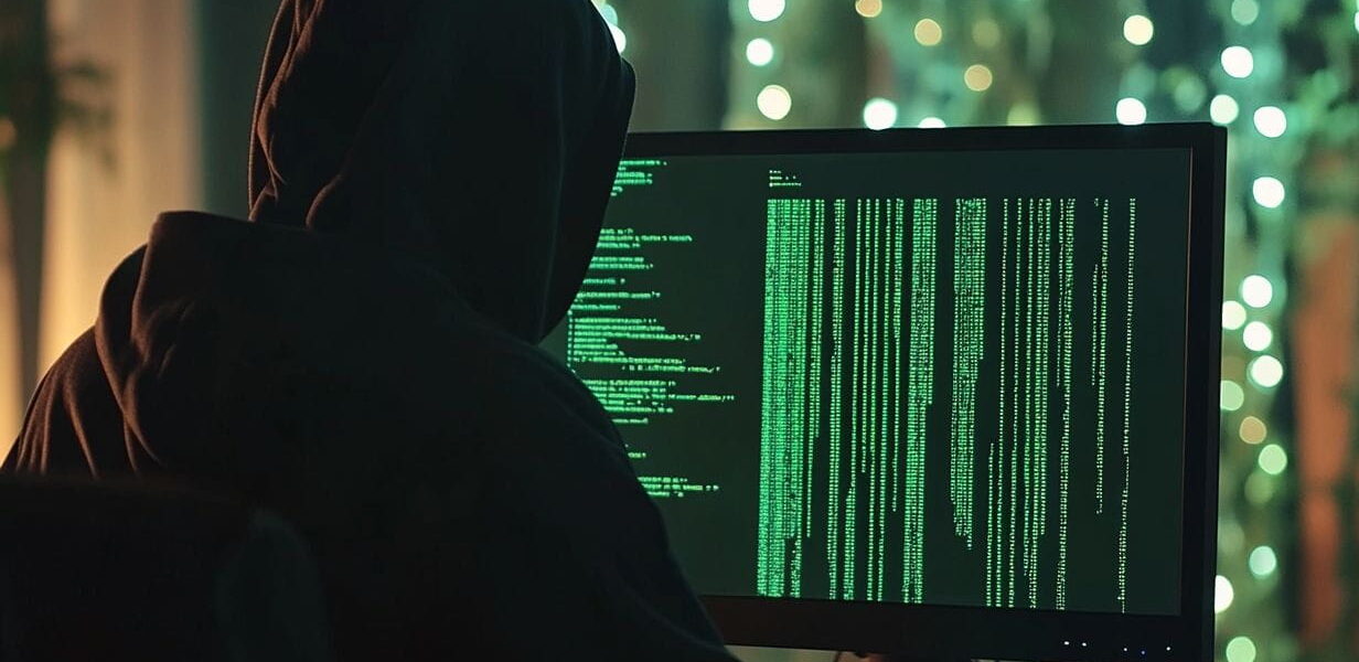 Hacker arbeitet an Computer mit grünem Code auf Bildschirm