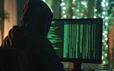 Hacker arbeitet an Computer mit grünem Code auf Bildschirm