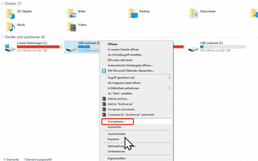 Datei-Explorer USB-Stick auf FAT32 formatieren