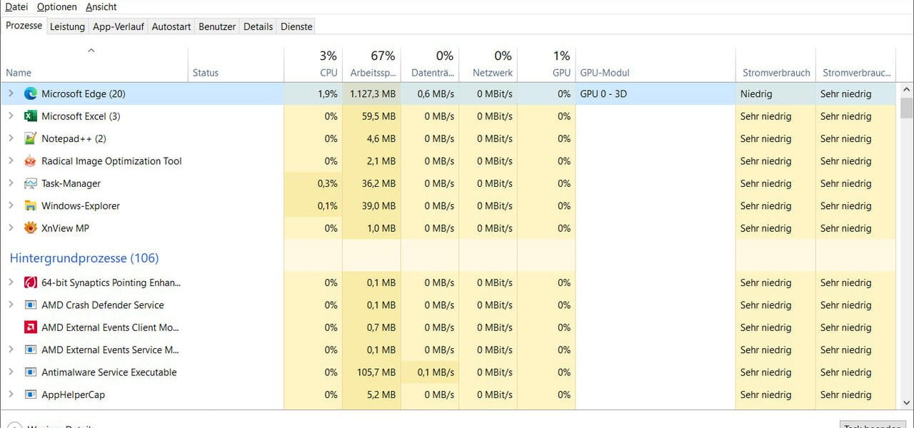 Windows Taskmanager Übersicht Prozesse