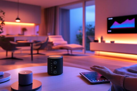 Smart Home mit vernetzten Geräten: Thermostat, Lampen und Sprachassistent gesteuert per Smartphone – Anwendung des Internet der Dinge.