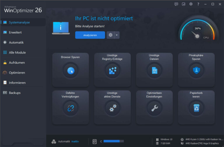 Ashampoo WinOptimizer 26 Dashboard