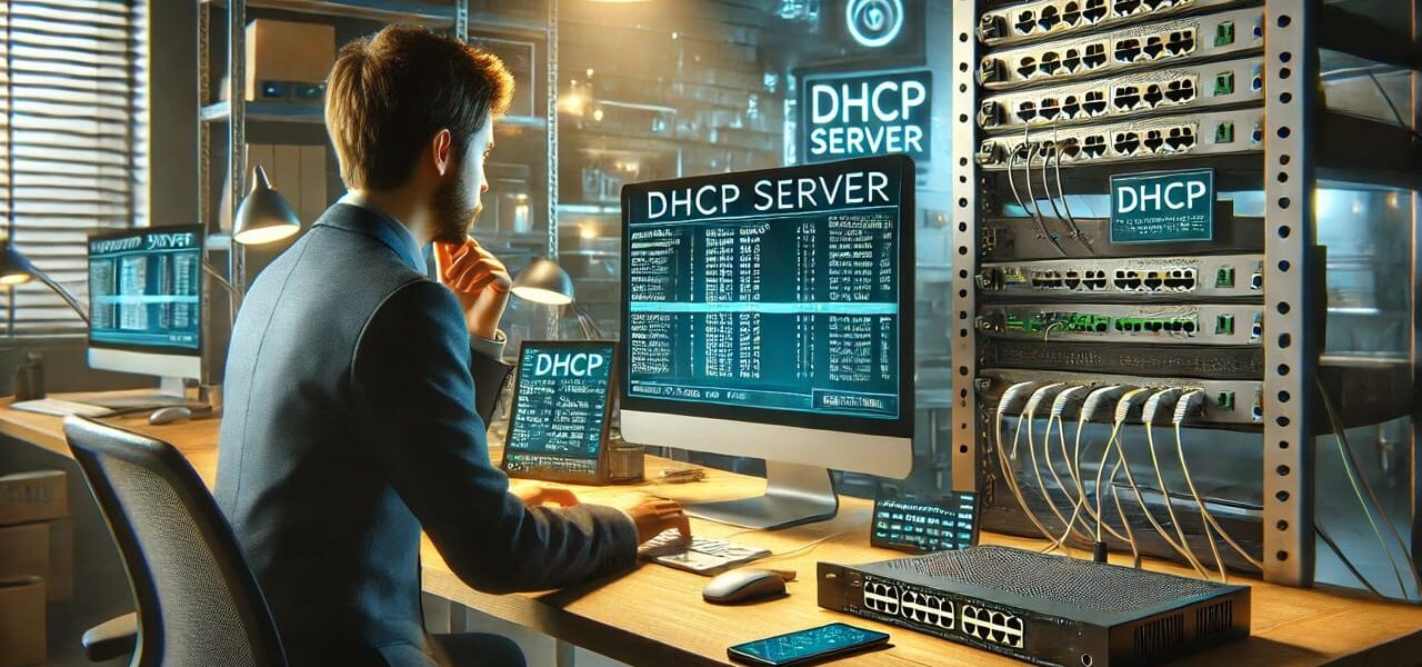 Netzwerkadministrator richtet DHCP-Server in einem modernen Büro ein