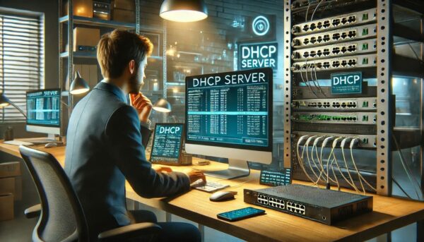 Netzwerkadministrator richtet DHCP-Server in einem modernen Büro ein