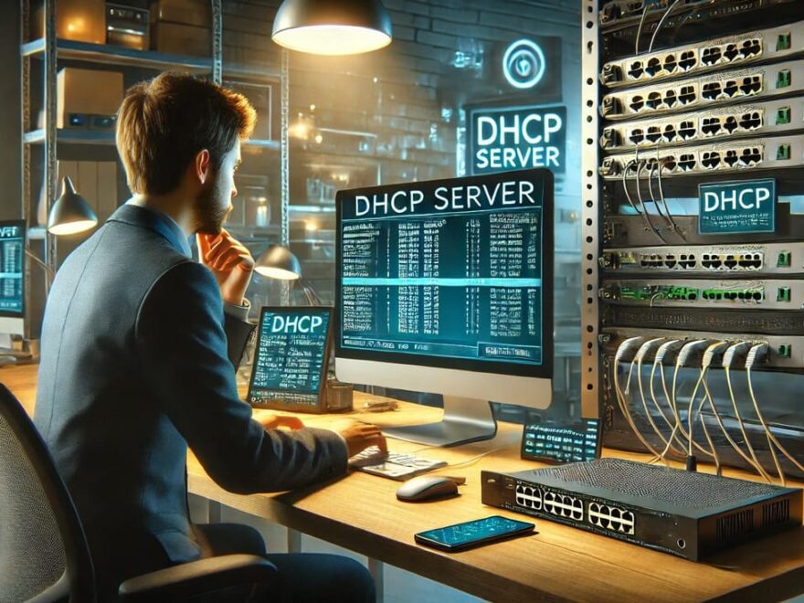 Netzwerkadministrator richtet DHCP-Server in einem modernen Büro ein