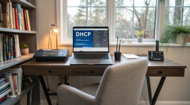 Darstellung der DHCP-Einstellungen in einem Windows-Netzwerk auf einem Laptop im modernen Homeoffice.