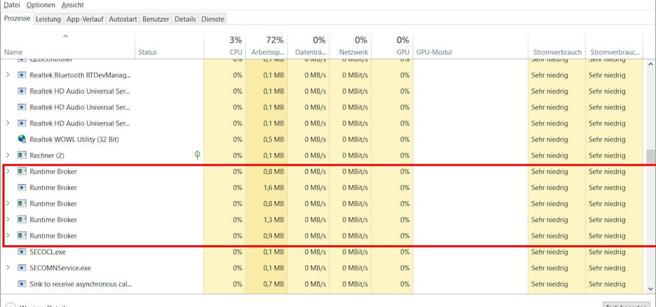 Runtime Broker im Task-Manager Windows 10