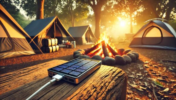 Solar Powerbank lädt Tablet während eines Campingausflugs auf