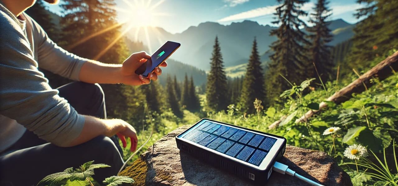 Solar Powerbank lädt Smartphone in einer natürlichen Umgebung auf