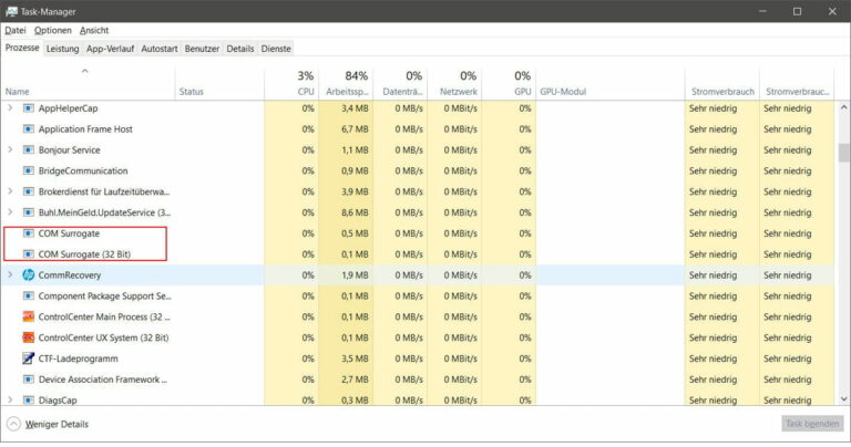 Windows COM Surrogate Prozess im Task-Manager