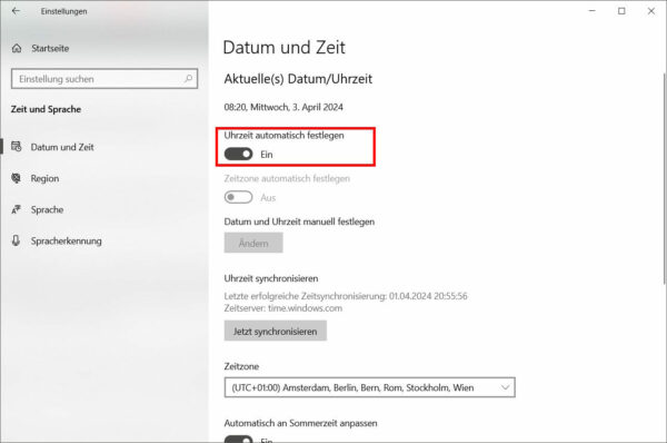 Uhrzeit automatisch einstellen