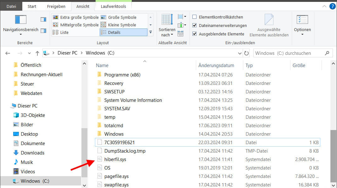 hiberfil.sys im Windows Explorer