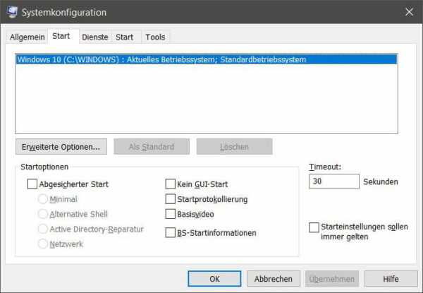 Boot-Optionen in msconfig