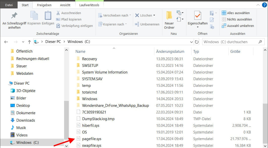 pagefile.sys im Windows Explorer