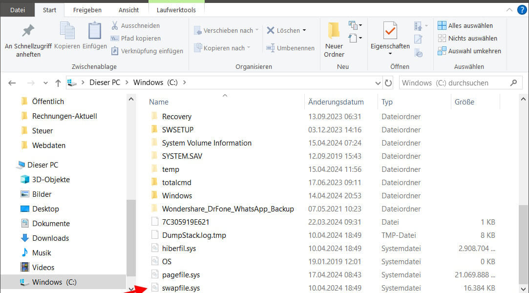 swapfile.sys im Windows Explorer