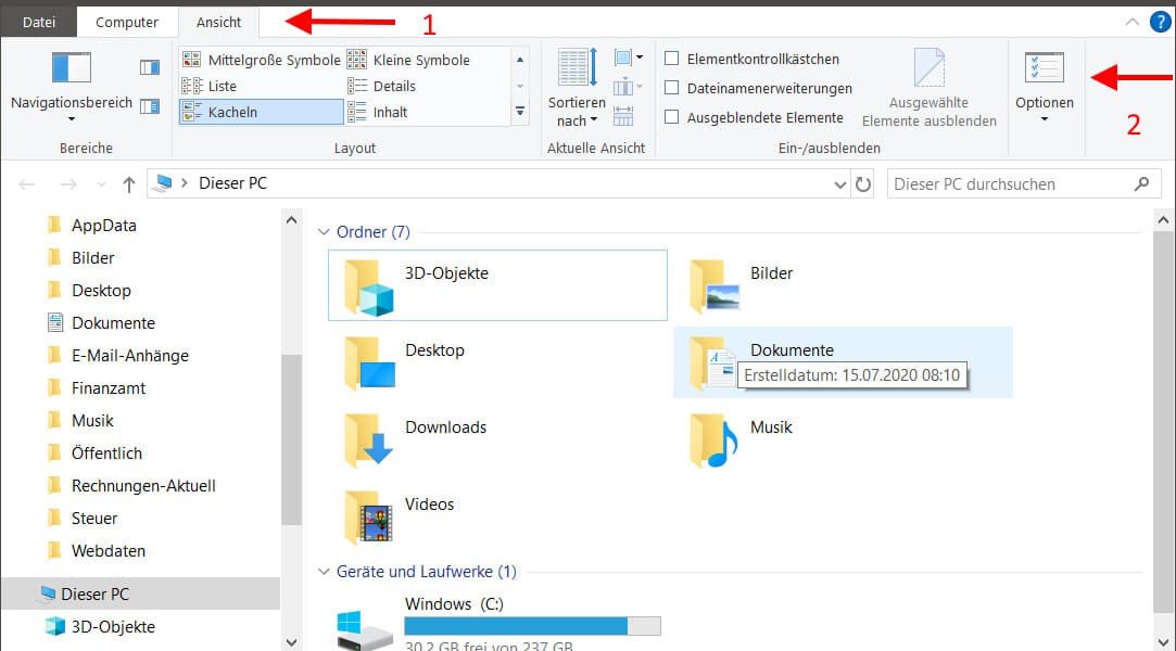 Windows Explorer - Ansicht - Optionen