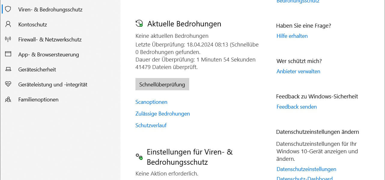 Windows 10 Defender Viren- & Bedrohungsschutz