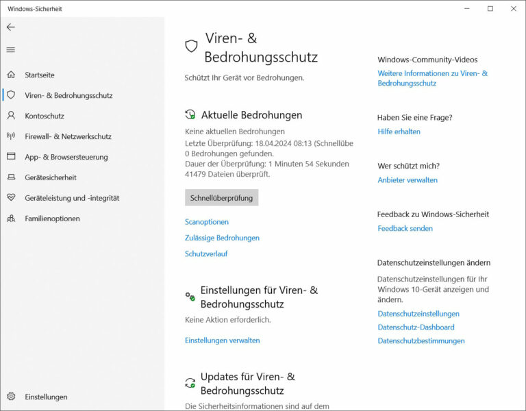 Windows 10 Defender Viren- & Bedrohungsschutz