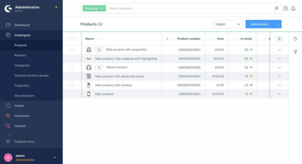 Produktkatalog im Shopware 6 Administrations-Backend.