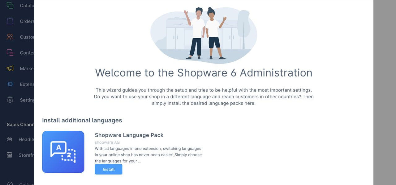 Auf der Willkommensseite des Erstinstallationsassistenten in der Shopware 6 Administration wird eine Option zur Installation eines Sprachpakets angezeigt.