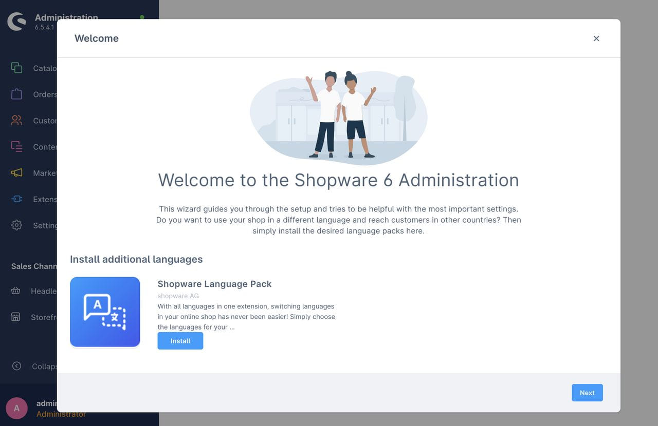 Auf der Willkommensseite des Erstinstallationsassistenten in der Shopware 6 Administration wird eine Option zur Installation eines Sprachpakets angezeigt.