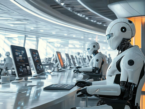 Futuristisches Büro mit Menschen und Robotern, die gemeinsam arbeiten, symbolisiert den Einfluss der Automatisierung auf Karrieren.