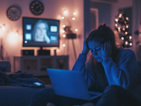 Person mit übermüdeten Augen vor Laptop, Smartphone und TV – Auswirkungen von zu viel Bildschirmzeit