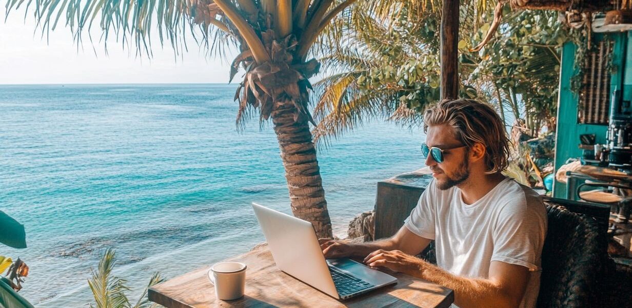 Digitaler Nomade arbeitet an einem Laptop in einem Café am Strand mit Meerblick