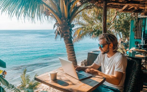 Digitaler Nomade arbeitet an einem Laptop in einem Café am Strand mit Meerblick