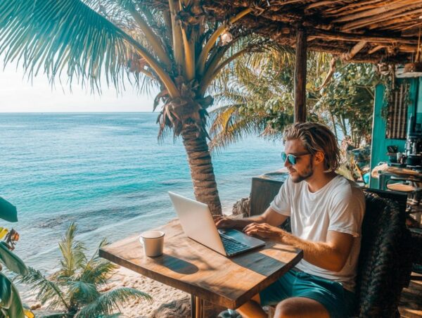 Digitaler Nomade arbeitet an einem Laptop in einem Café am Strand mit Meerblick