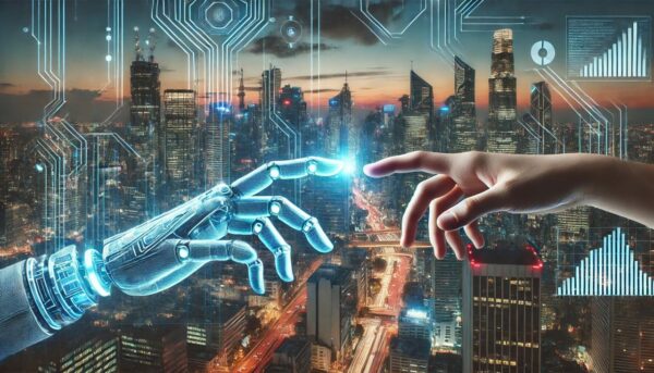 Futuristische Stadt mit holografischen Schnittstellen, ein menschlicher und ein digitaler Handshake symbolisieren das Gleichgewicht zwischen künstlicher Intelligenz und menschlicher Kontrolle.