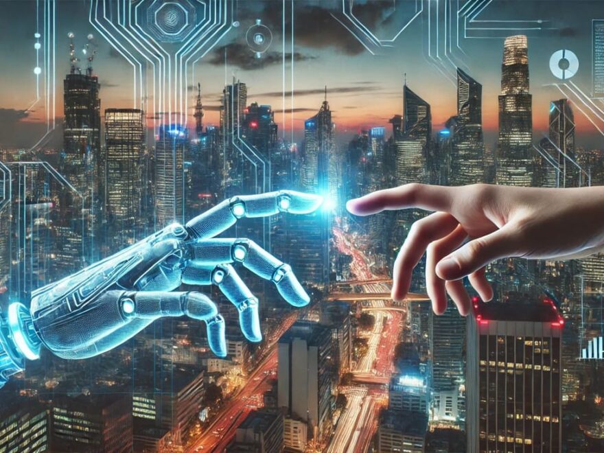 Futuristische Stadt mit holografischen Schnittstellen, ein menschlicher und ein digitaler Handshake symbolisieren das Gleichgewicht zwischen künstlicher Intelligenz und menschlicher Kontrolle.