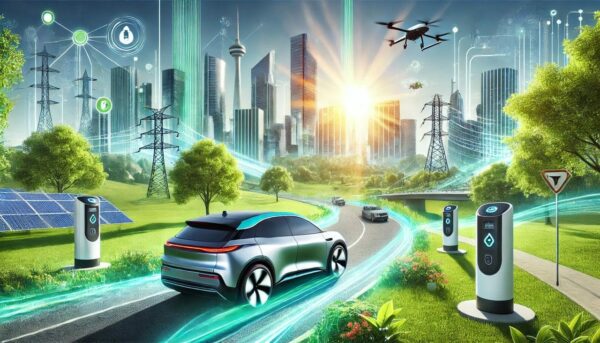 Modernes Elektrofahrzeug auf einer grünen Straße vor einer futuristischen Stadt, symbolisiert grüne Innovationen in der Mobilität.