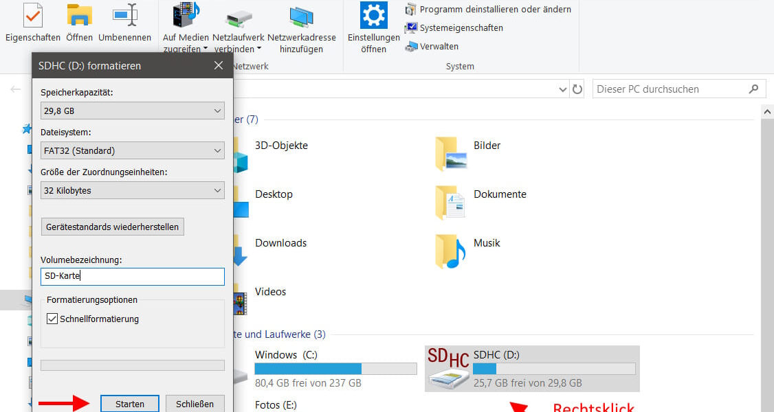 SD-Karte formatieren im Windows-Explorer