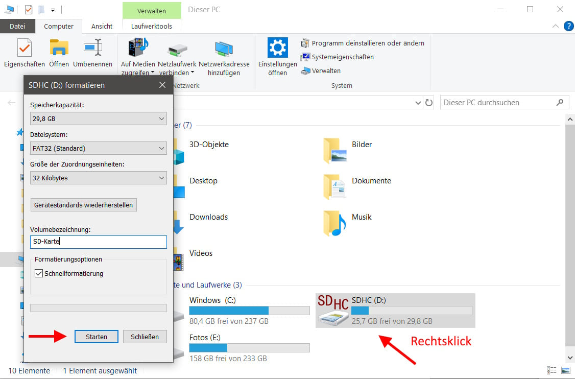 SD-Karte formatieren im Windows-Explorer